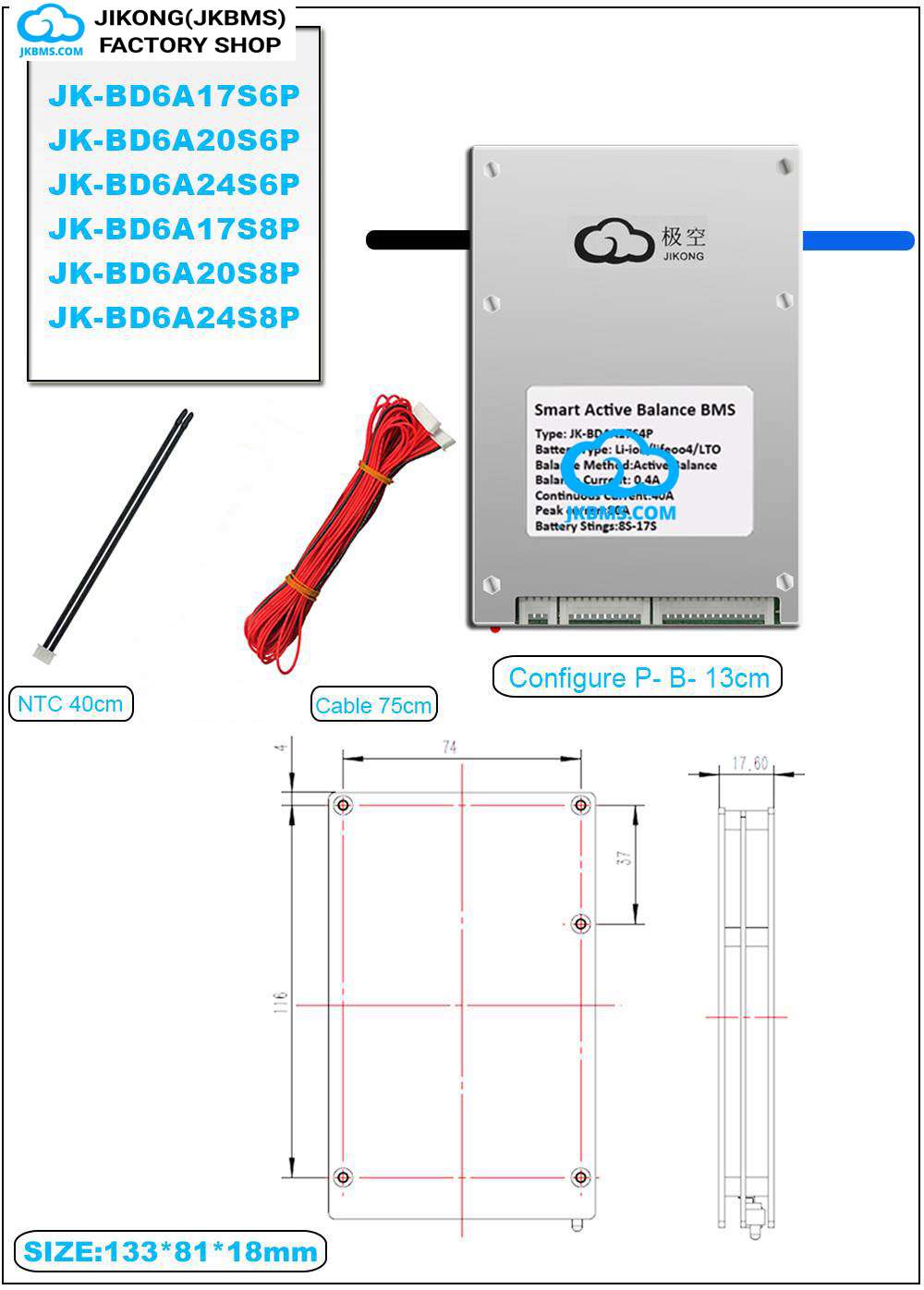 JK Smart Active Balance BMS BD6A17S6PR - (8S - 17S) - 60A - Li-Ion / LiFePO4